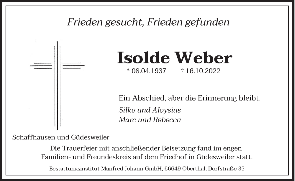 Traueranzeigen Von Isolde Weber Saarbruecker Zeitung Trauer De