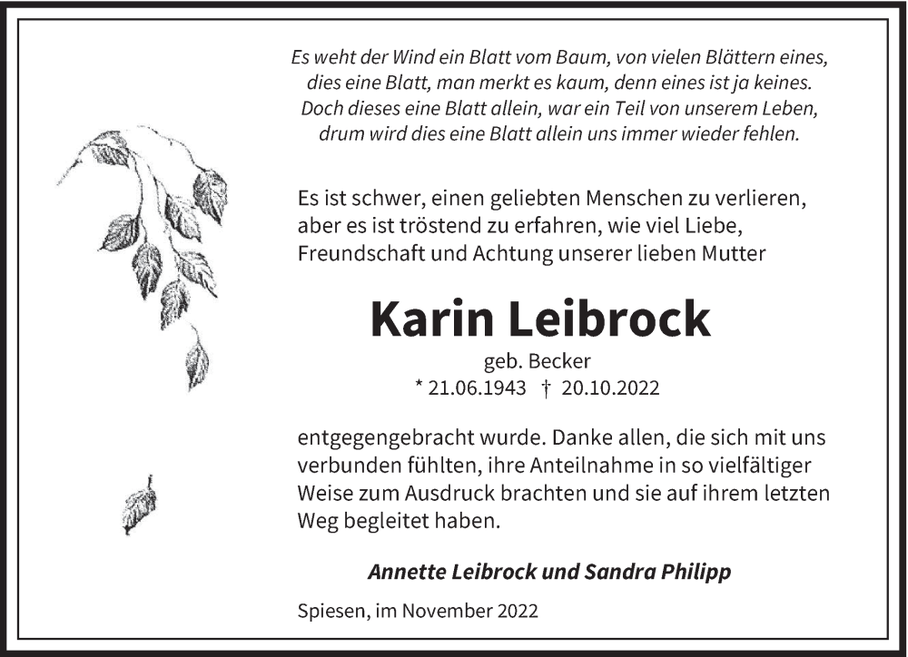 Traueranzeigen Von Karin Leibrock Saarbruecker Zeitung Trauer De