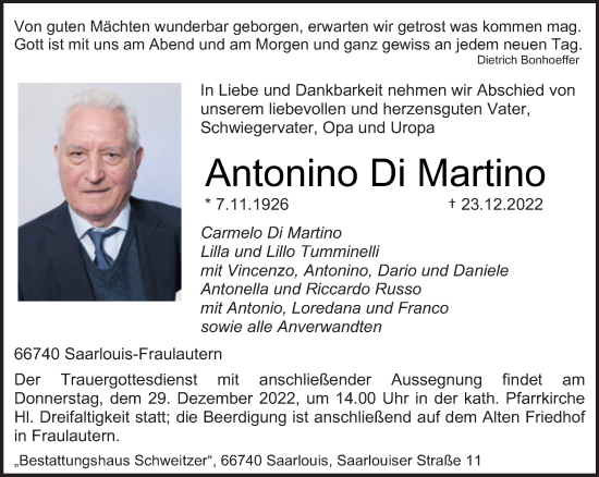 Traueranzeigen Von Antonino Di Martino Saarbruecker Zeitung Trauer De