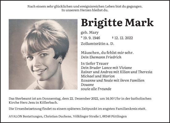 Traueranzeigen Von Brigitte Mark Saarbruecker Zeitung Trauer De