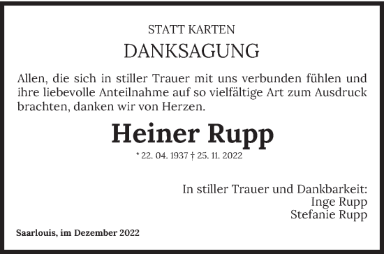 Traueranzeigen Von Heiner Rupp Saarbruecker Zeitung Trauer De