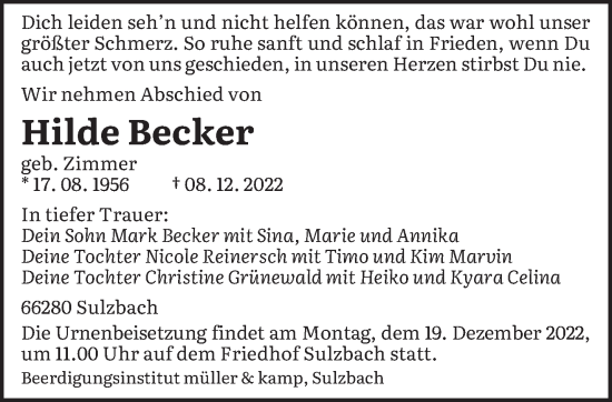 Traueranzeigen Von Hilde Becker Saarbruecker Zeitung Trauer De