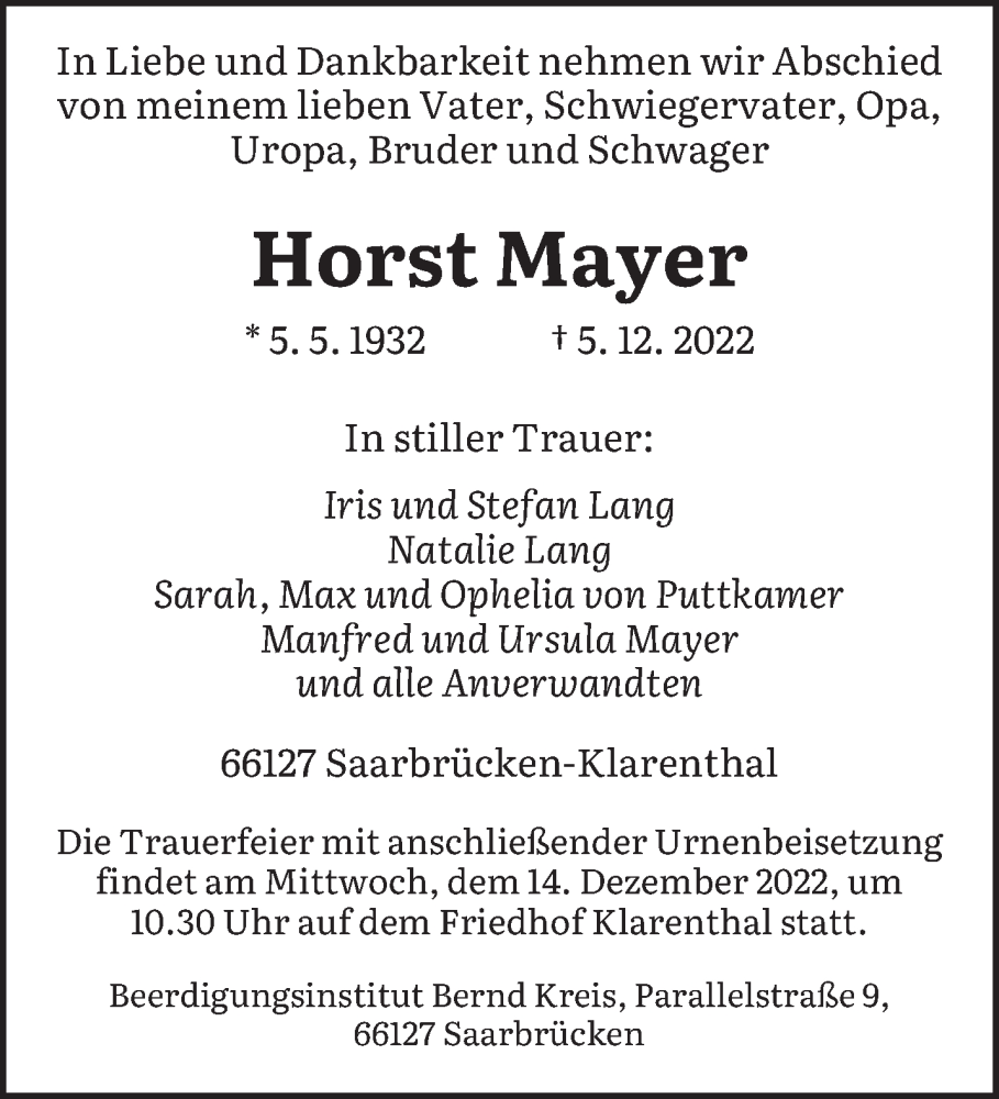 Traueranzeigen Von Horst Mayer Saarbruecker Zeitung Trauer De