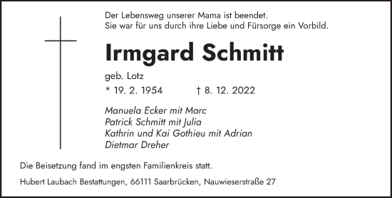 Traueranzeigen Von Irmgard Schmitt Saarbruecker Zeitung Trauer De