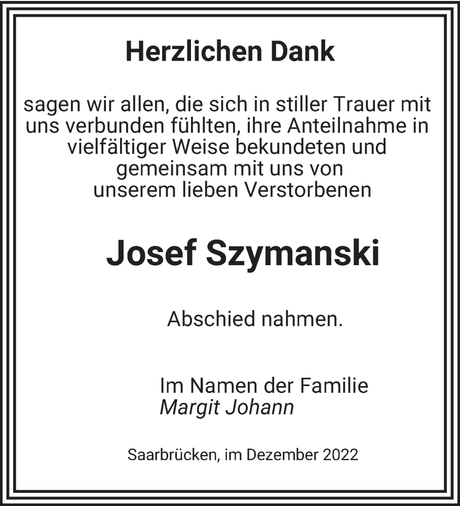 Traueranzeigen Von Josef Szymanski Saarbruecker Zeitung Trauer De