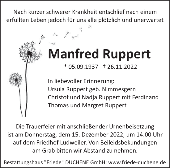 Traueranzeigen Von Manfred Ruppert Saarbruecker Zeitung Trauer De