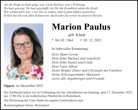 Traueranzeigen Von Marion Paulus Saarbruecker Zeitung Trauer De