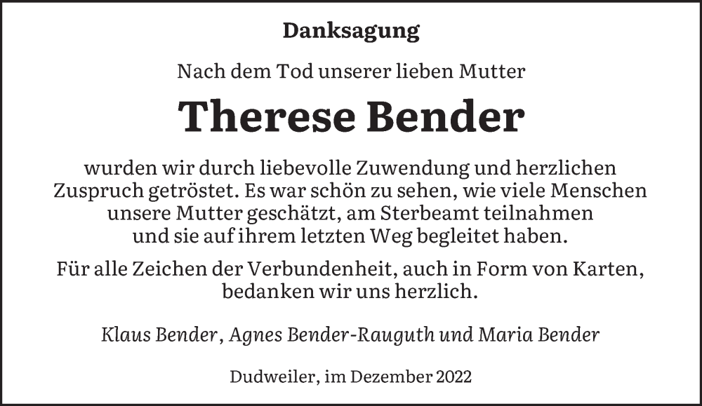 Traueranzeigen Von Therese Bender Saarbruecker Zeitung Trauer De