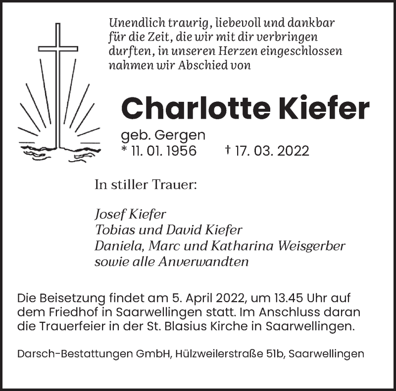 Traueranzeigen Von Charlotte Kiefer Saarbruecker Zeitung Trauer De