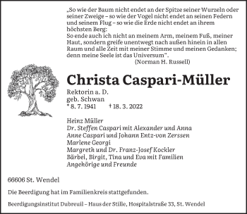 Traueranzeigen Von Christa Caspari M Ller Saarbruecker Zeitung Trauer De