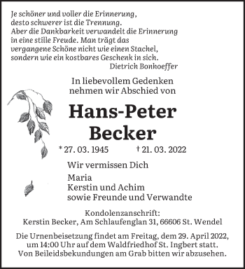 Traueranzeigen Von Hans Peter Becker Saarbruecker Zeitung Trauer De