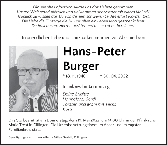 Traueranzeigen Von Hans Peter Burger Saarbruecker Zeitung Trauer De