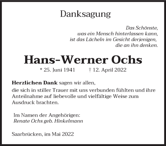 Traueranzeigen Von Hans Werner Ochs Saarbruecker Zeitung Trauer De