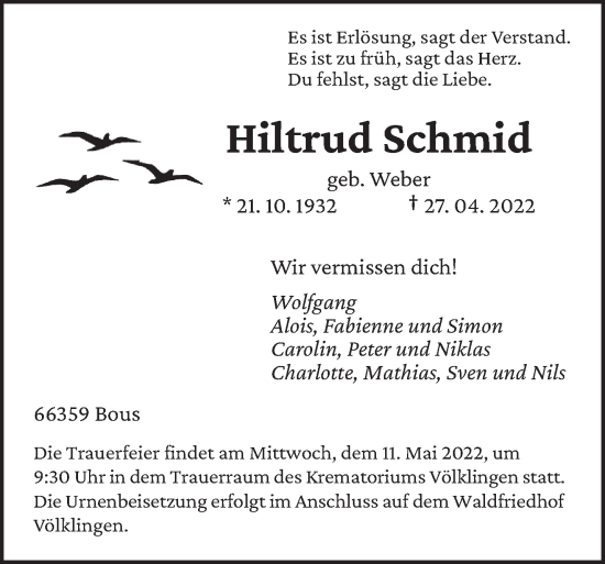 Traueranzeigen Von Hiltrud Schmid Saarbruecker Zeitung Trauer De