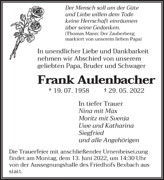 Traueranzeigen Von Frank Aulenbacher Saarbruecker Zeitung Trauer De