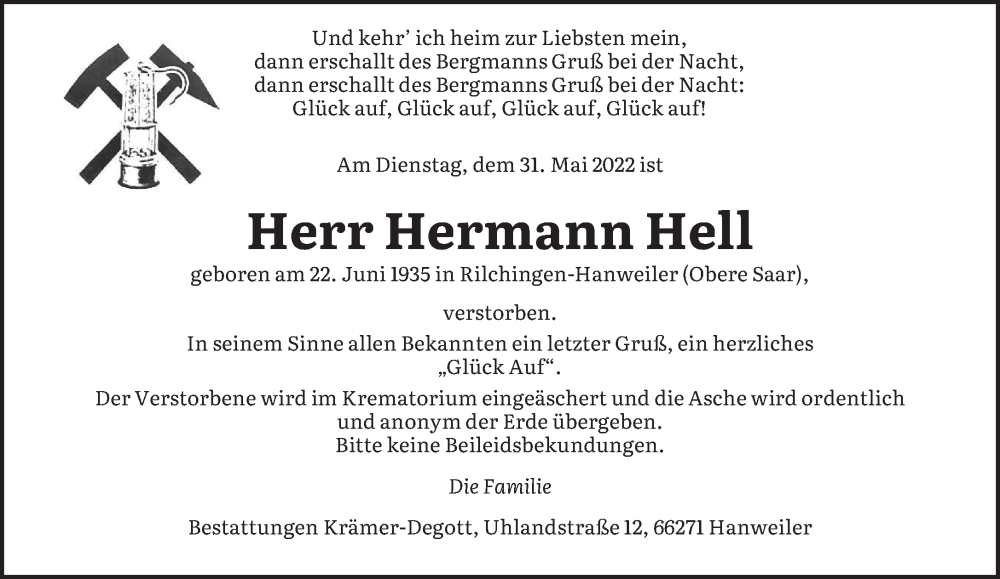 Traueranzeigen Von Hermann Hell Saarbruecker Zeitung Trauer De