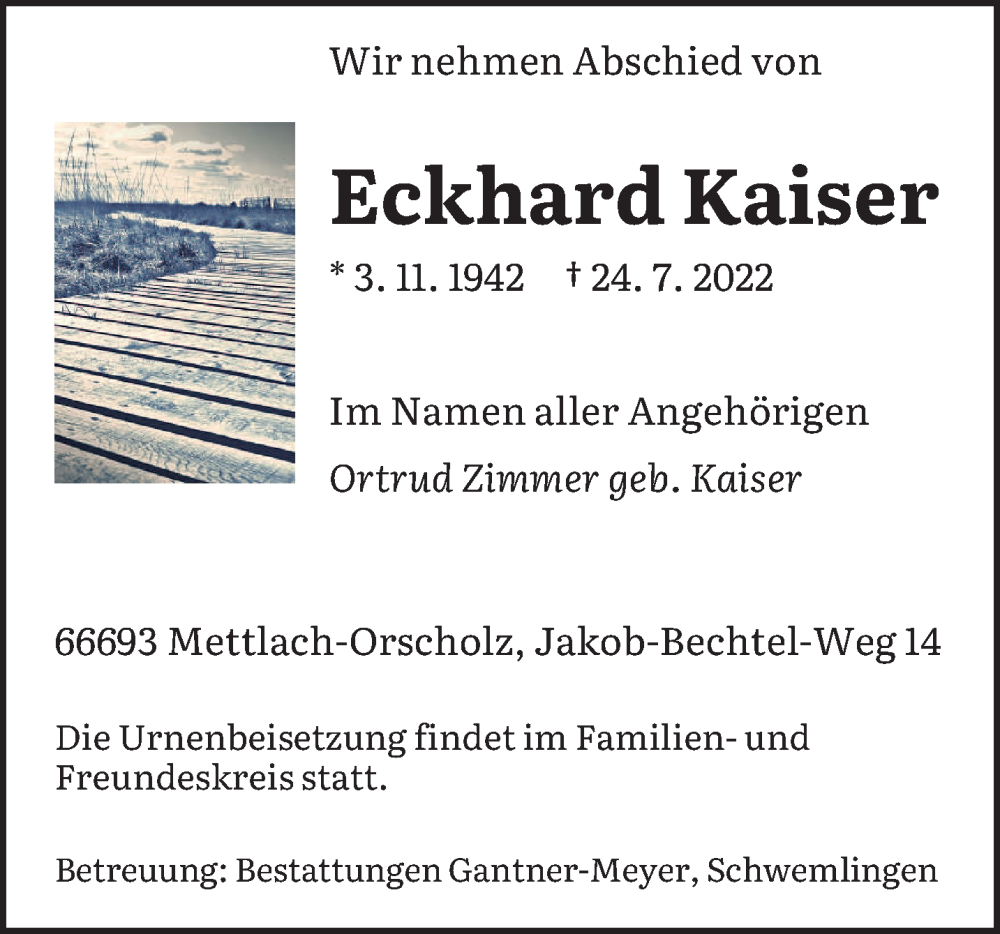 Traueranzeigen Von Eckhard Kaiser Saarbruecker Zeitung Trauer De