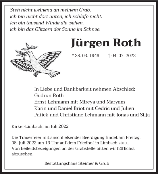 Traueranzeigen von Jürgen Roth Saarbruecker Zeitung Trauer de