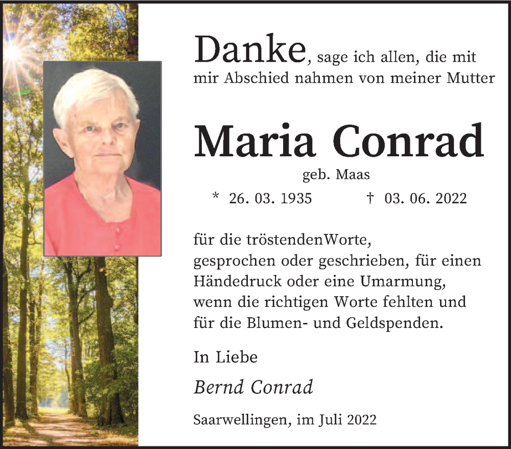 Traueranzeigen Von Maria Conrad Saarbruecker Zeitung Trauer De