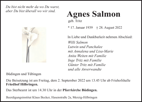 Traueranzeigen Von Agnes Salmon Saarbruecker Zeitung Trauer De