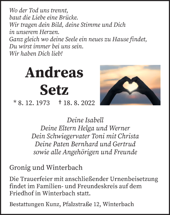 Traueranzeigen Von Andreas Setz Saarbruecker Zeitung Trauer De