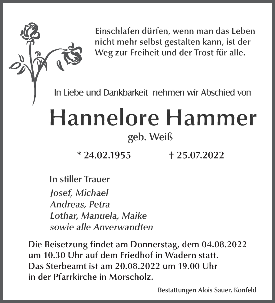 Traueranzeigen Von Hannelore Hammer Saarbruecker Zeitung Trauer De