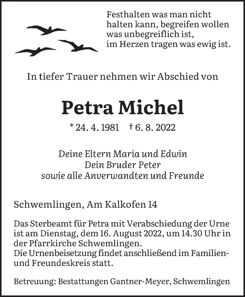 Traueranzeigen Von Petra Michel Saarbruecker Zeitung Trauer De