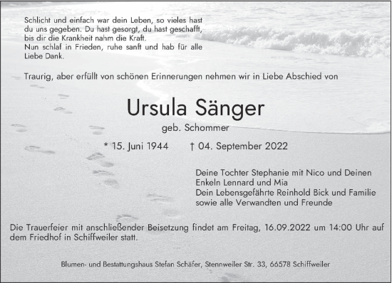 Traueranzeigen Von Ursula S Nger Saarbruecker Zeitung Trauer De