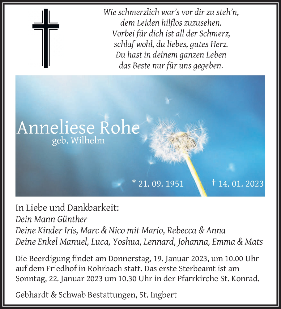 Traueranzeigen Von Anneliese Rohe Saarbruecker Zeitung Trauer De