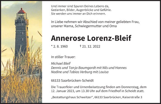 Traueranzeigen Von Annerose Lorenz Bleif Saarbruecker Zeitung Trauer De