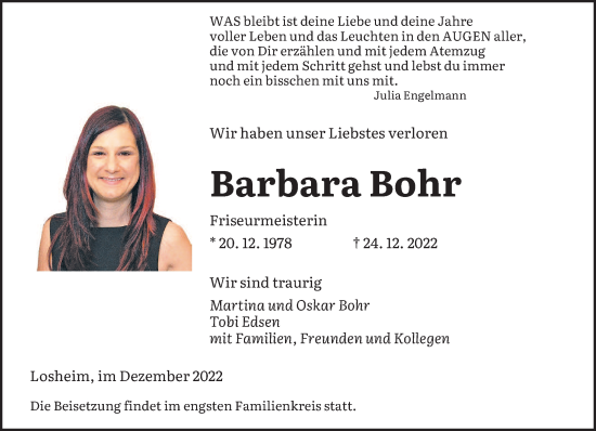 Traueranzeigen Von Barbara Bohr Saarbruecker Zeitung Trauer De