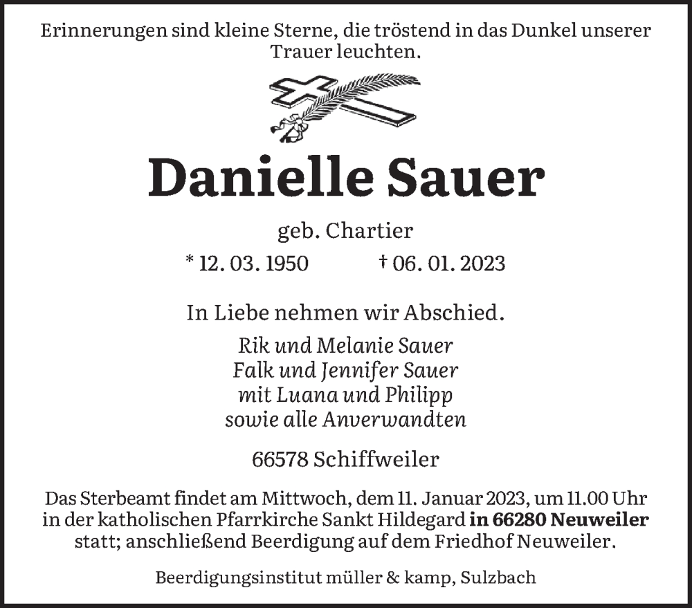 Traueranzeigen Von Danielle Sauer Saarbruecker Zeitung Trauer De