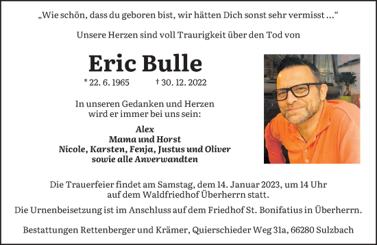 Traueranzeigen Von Eric Bulle Saarbruecker Zeitung Trauer De