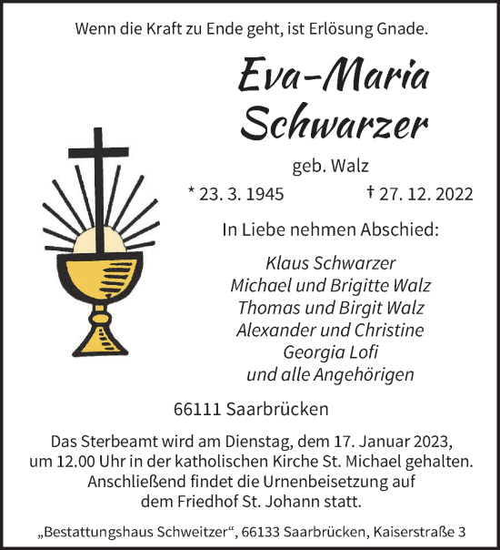 Traueranzeigen Von Eva Maria Schwarzer Saarbruecker Zeitung Trauer De