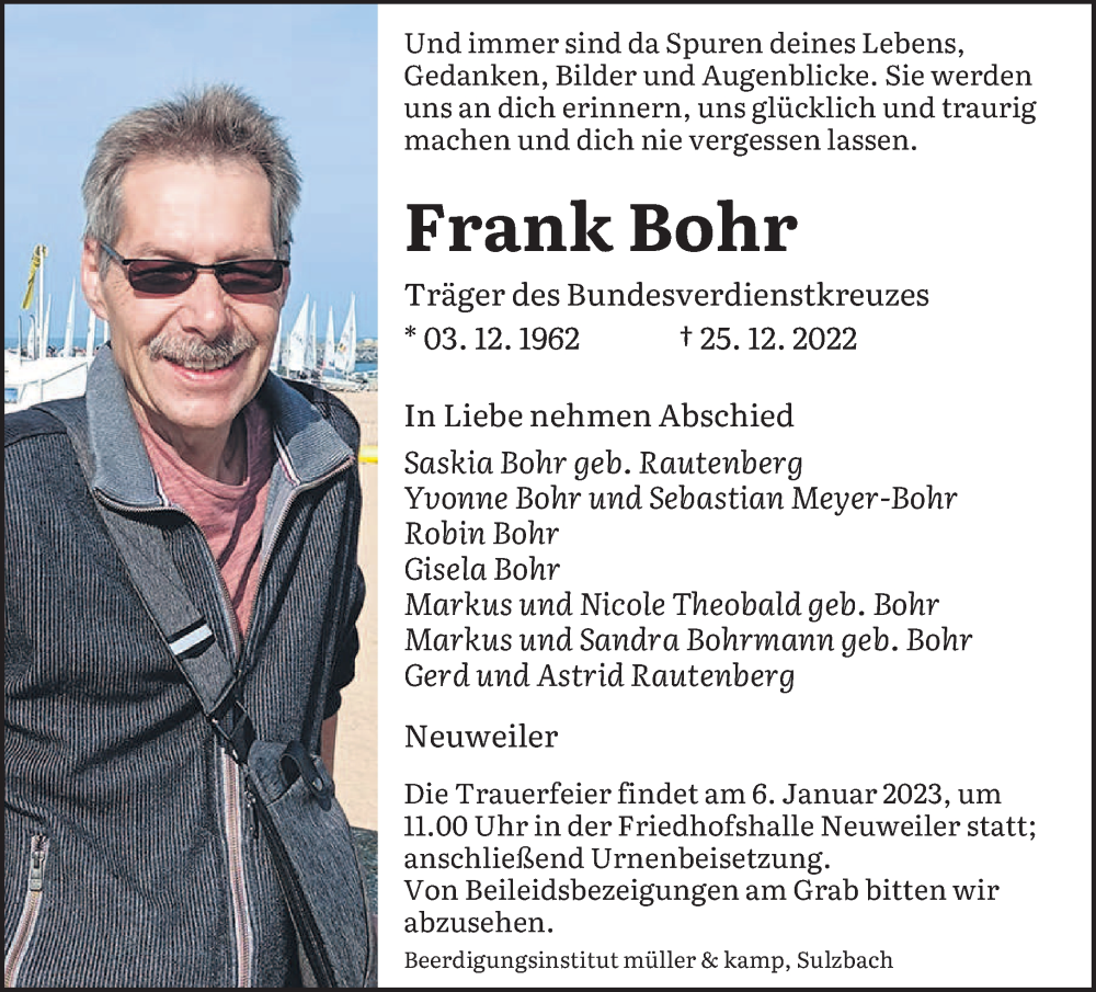 Traueranzeigen Von Frank Bohr Saarbruecker Zeitung Trauer De