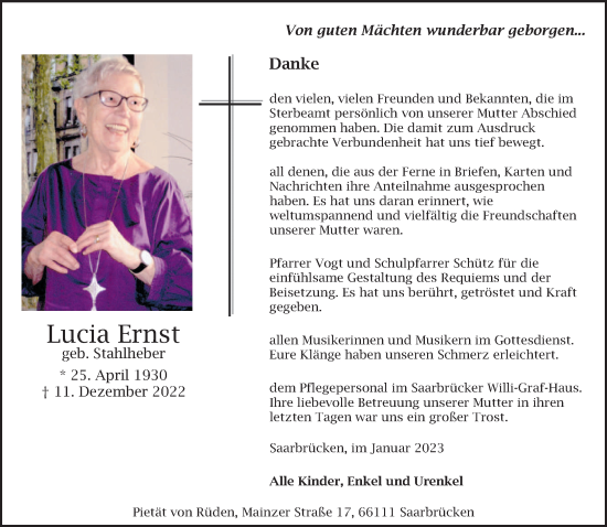 Traueranzeigen Von Lucia Ernst Saarbruecker Zeitung Trauer De