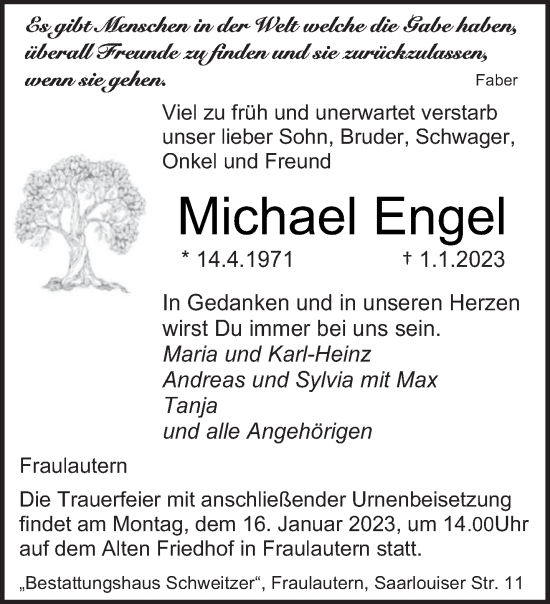 Traueranzeigen Von Michael Engel Saarbruecker Zeitung Trauer De