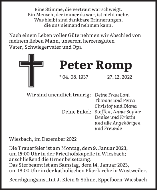 Traueranzeigen Von Peter Romp Saarbruecker Zeitung Trauer De