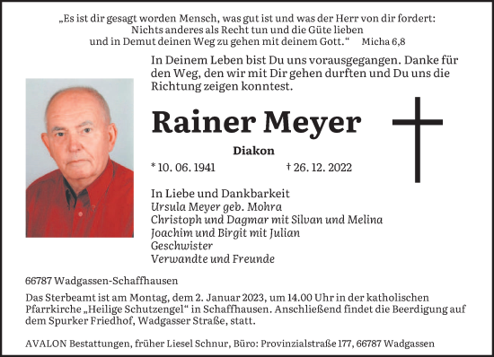 Traueranzeigen Von Rainer Meyer Saarbruecker Zeitung Trauer De