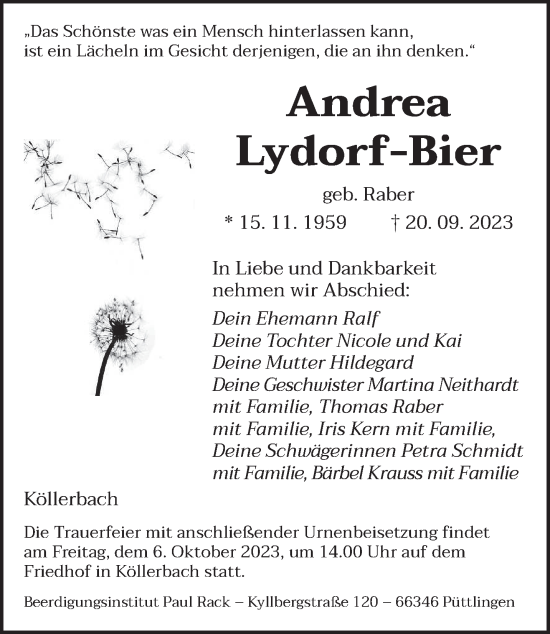 Traueranzeigen Von Andrea Lydorf Bier Saarbruecker Zeitung Trauer De