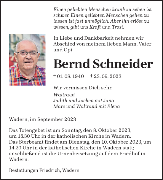 Traueranzeigen Von Bernd Schneider Saarbruecker Zeitung Trauer De