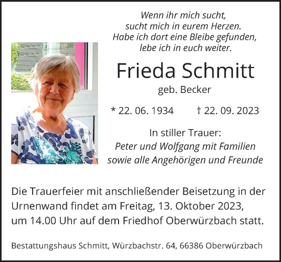 Traueranzeigen Von Frieda Schmitt Saarbruecker Zeitung Trauer De