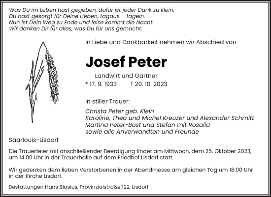 Traueranzeigen Von Josef Peter Saarbruecker Zeitung Trauer De