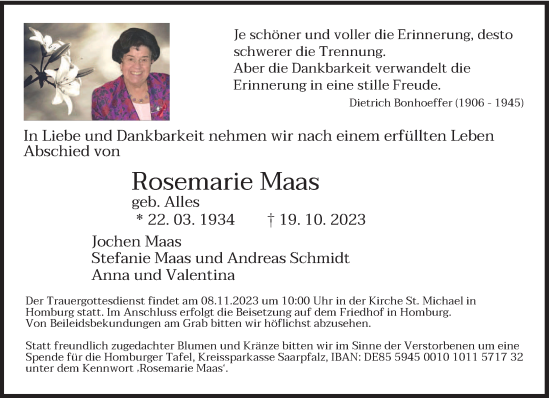 Traueranzeigen Von Rosemarie Maas Saarbruecker Zeitung Trauer De