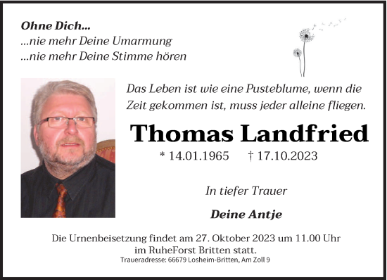 Traueranzeigen Von Thomas Landfried Saarbruecker Zeitung Trauer De