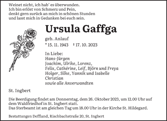 Traueranzeigen Von Ursula Gaffga Saarbruecker Zeitung Trauer De