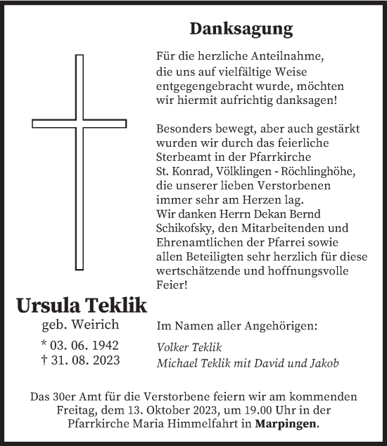 Traueranzeigen Von Ursula Teklik Saarbruecker Zeitung Trauer De