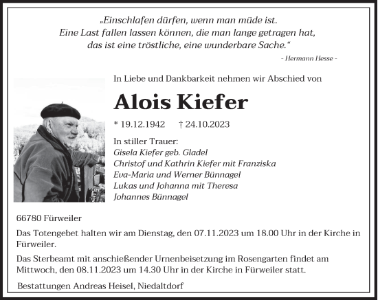 Traueranzeigen Von Alois Kiefer Saarbruecker Zeitung Trauer De