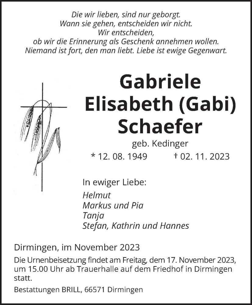 Traueranzeigen Von Gabriele Elisabeth Schaefer Saarbruecker Zeitung