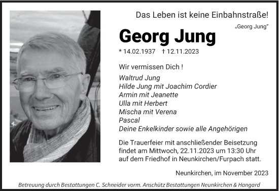 Traueranzeigen Von Georg Jung Saarbruecker Zeitung Trauer De